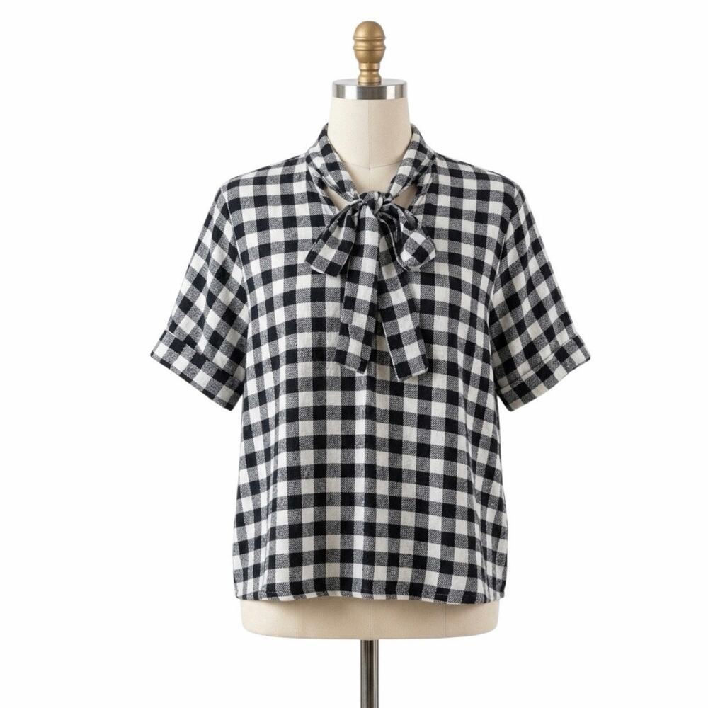 Lane Bryant Black White Plaid Tie Neck Blouse Size 16 Short Sleeve Check Top